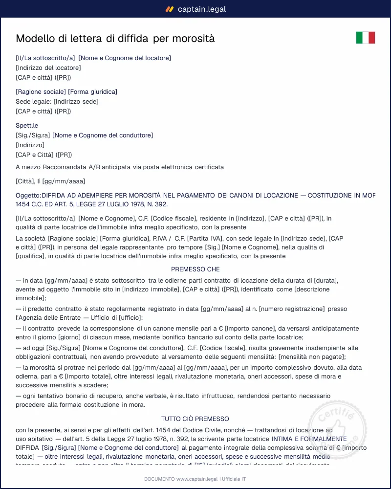 Diffida ad adempiere per canoni di locazione non pagati