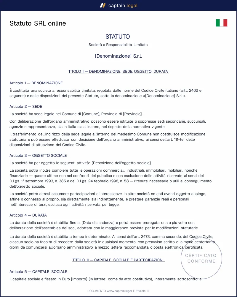 Statuto SRL online: modello professionale pronto in minuti