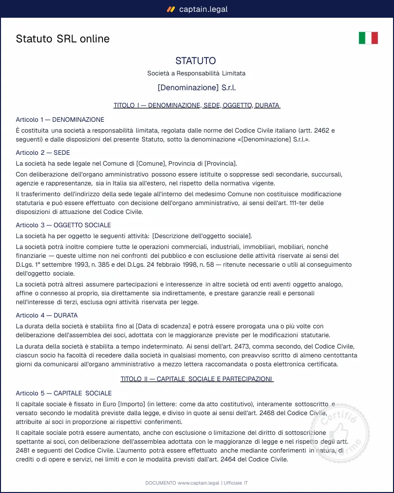 Statuto SRL online: modello professionale pronto in minuti
