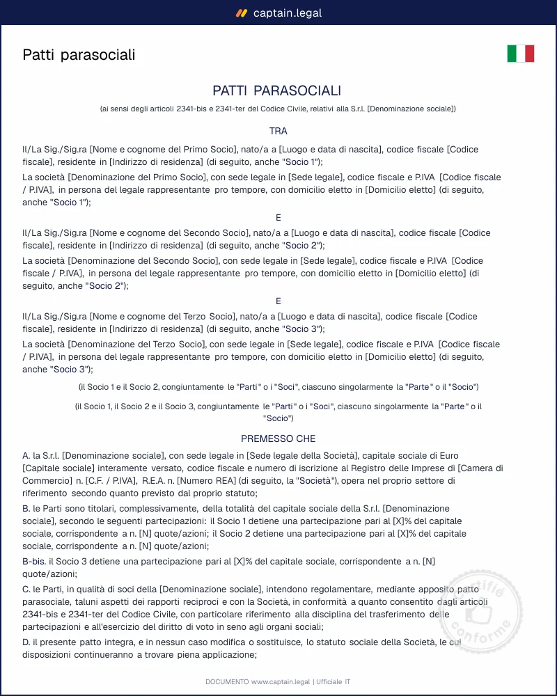 Modello patti parasociali SRL e SpA: lock-up, drag e tag along