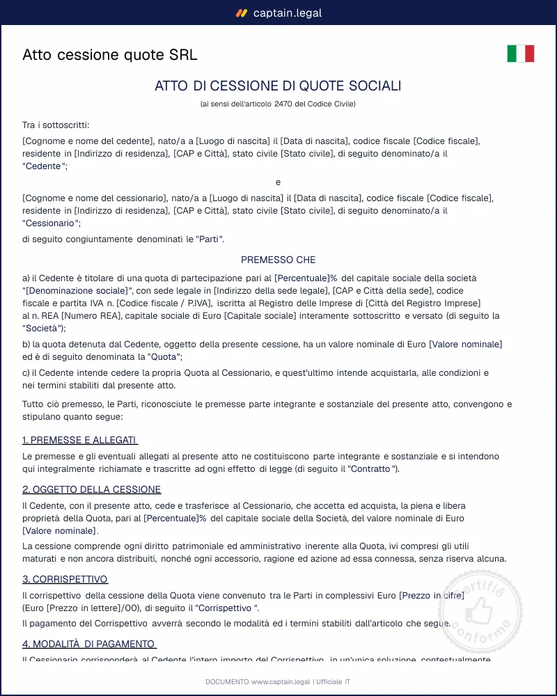 Atto cessione quote SRL conforme Codice civile