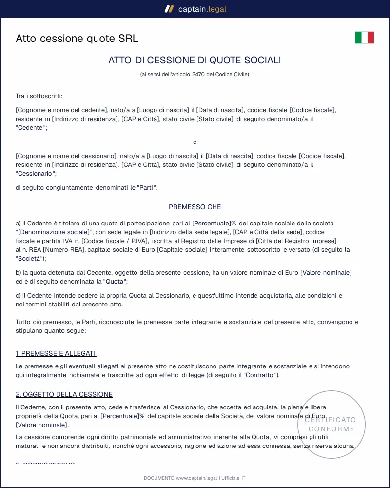 Atto cessione quote SRL conforme Codice civile