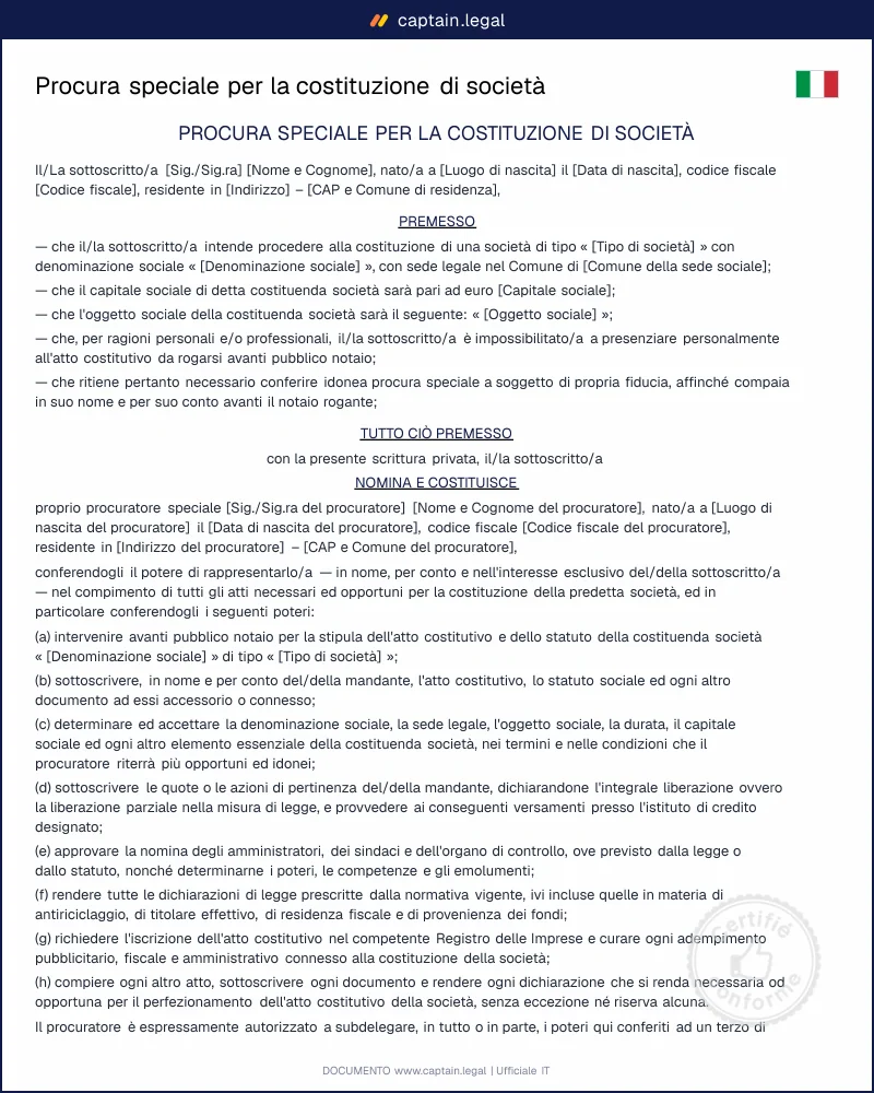 Procura speciale per la costituzione di società in Italia
