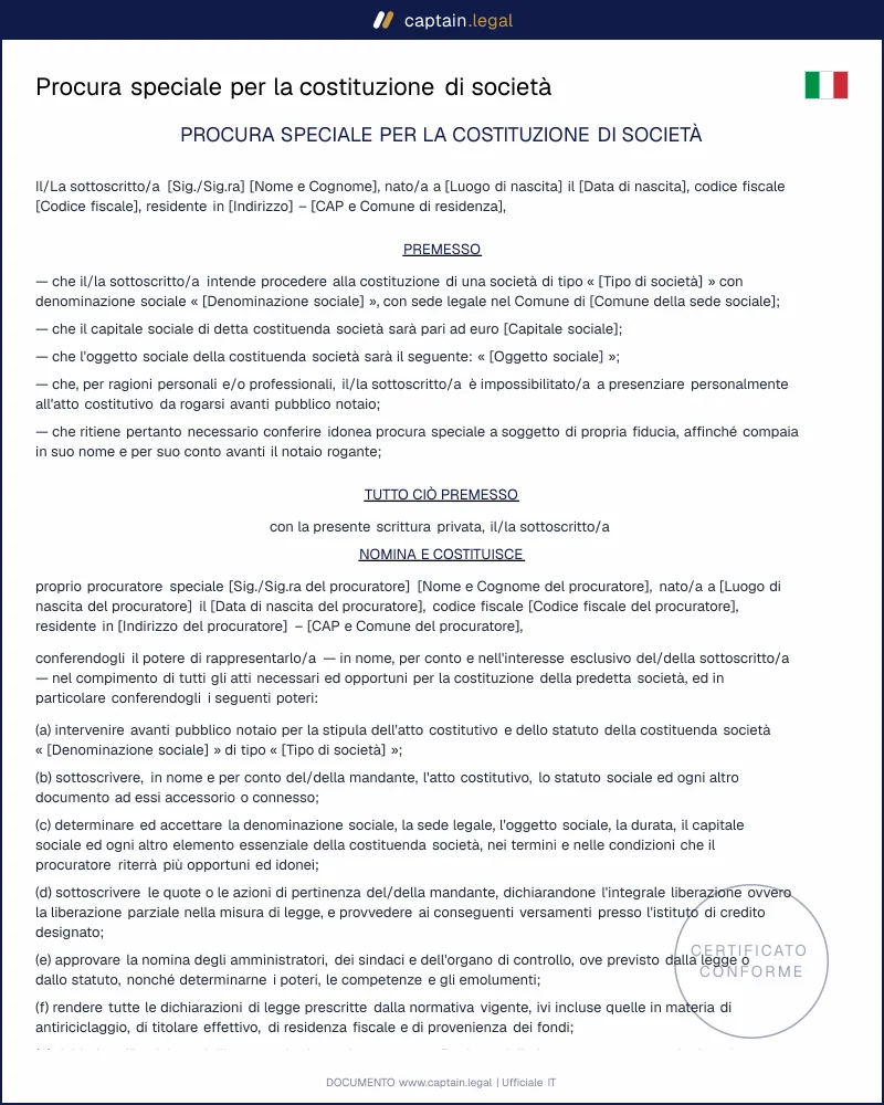 Procura speciale per la costituzione di società in Italia