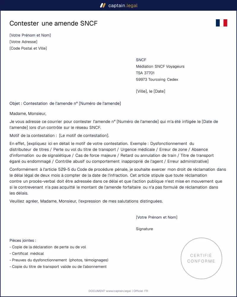Comment contester une amende SNCF - Word et PDF