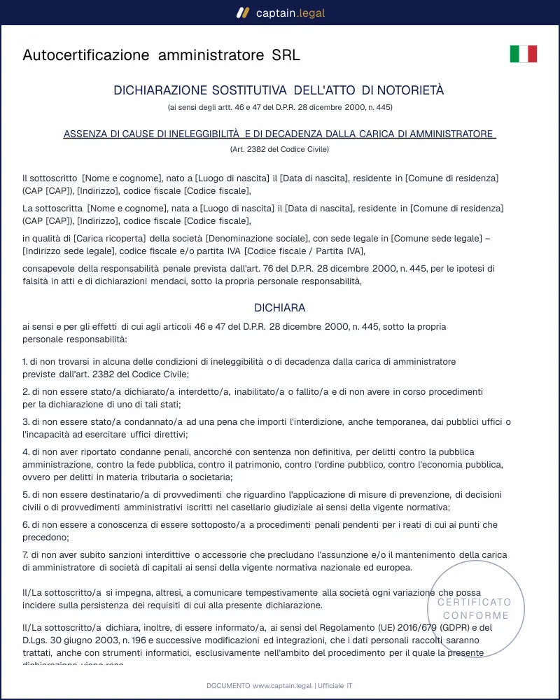Autocertificazione amministratore SRL: modello in 5 minuti