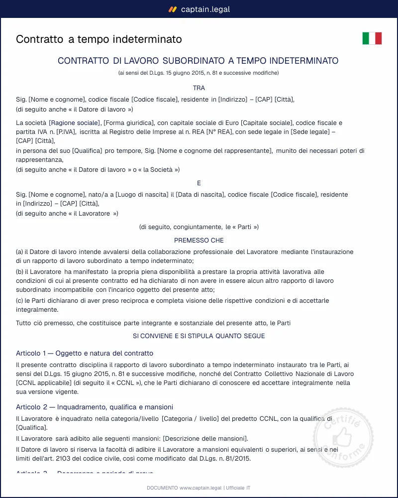 Contratto a tempo indeterminato: modello conforme alla legge