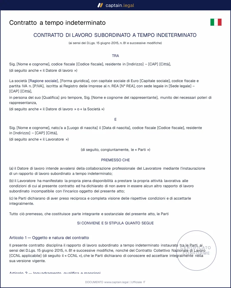 Contratto a tempo indeterminato: modello conforme alla legge