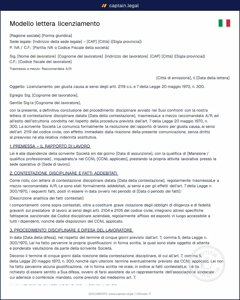 Modello lettera licenziamento disciplinare giusta causa