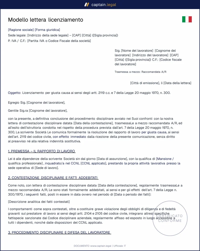 Modello lettera licenziamento disciplinare giusta causa