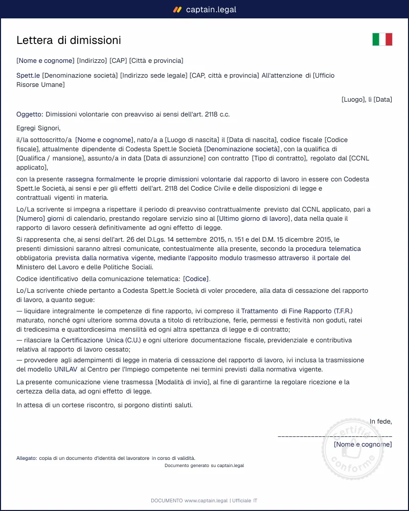 Lettera di dimissioni volontarie con preavviso CCNL