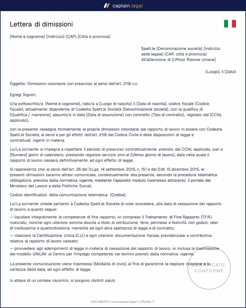 Lettera di dimissioni volontarie con preavviso CCNL