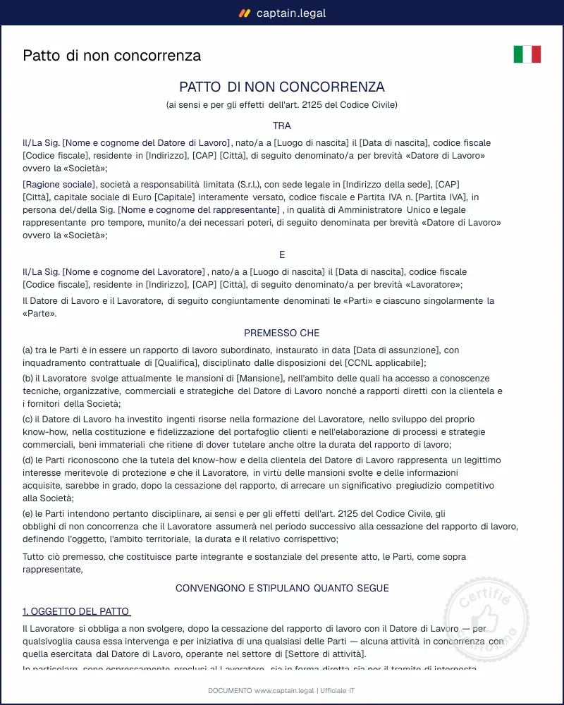 Patto di non concorrenza: modello Word e PDF