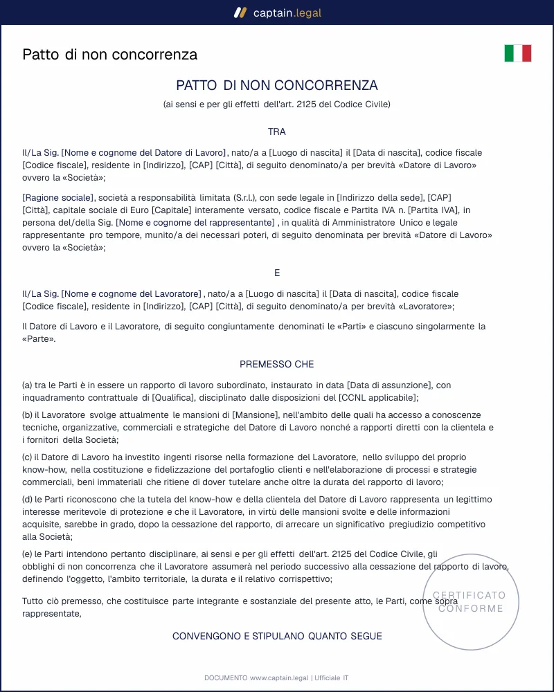 Patto di non concorrenza: modello Word e PDF
