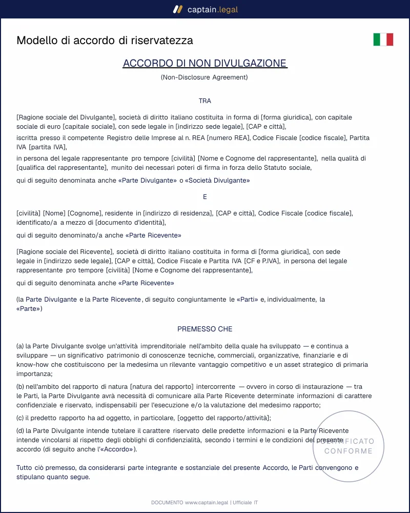 Accordo di riservatezza aziendale: modello conforme italiano