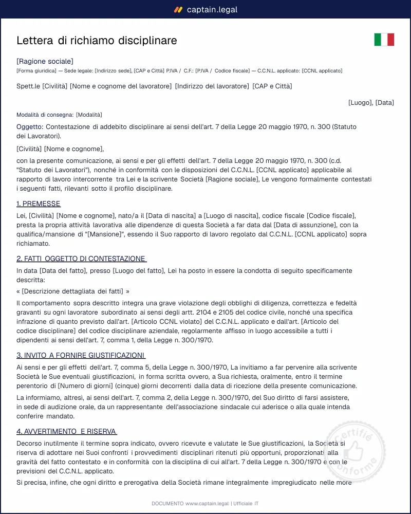 Lettera di richiamo disciplinare: modello editabile Word/PDF