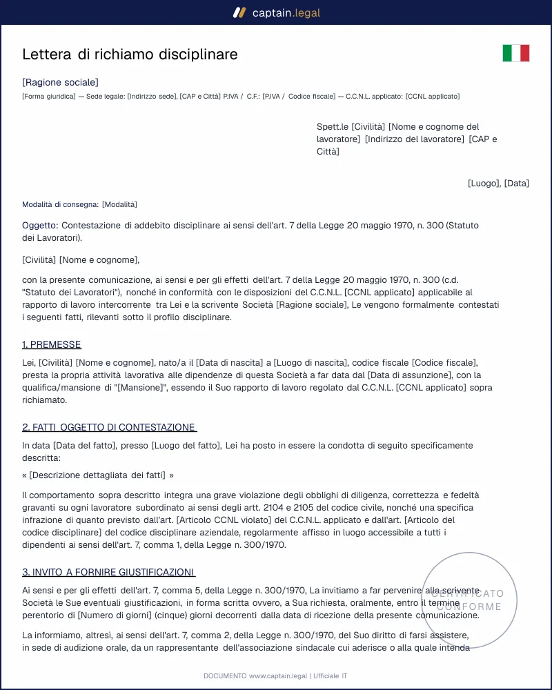 Lettera di richiamo disciplinare: modello editabile Word/PDF
