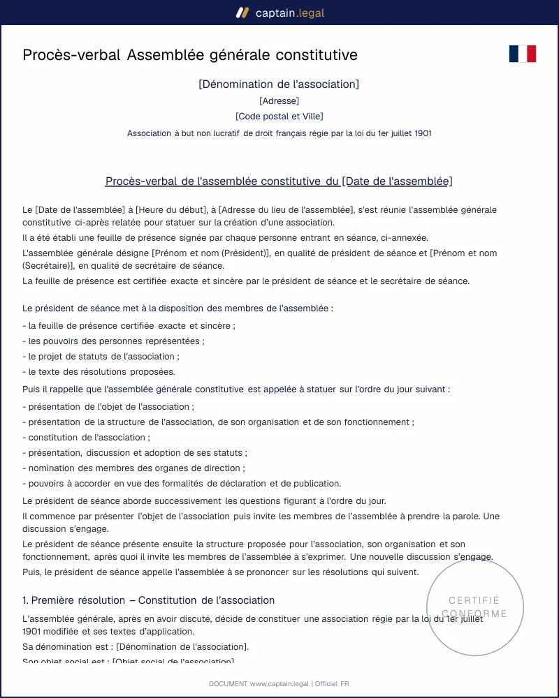 Procès-verbal assemblée générale constitutive d'une association