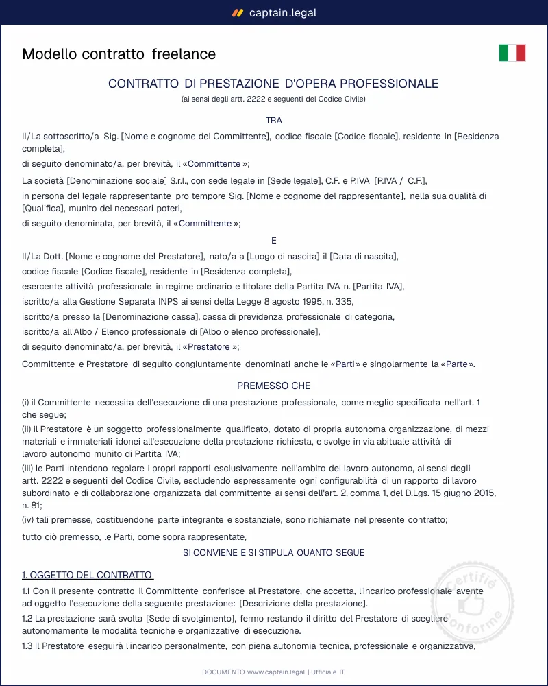 Modello contratto freelance P.IVA: Word e PDF
