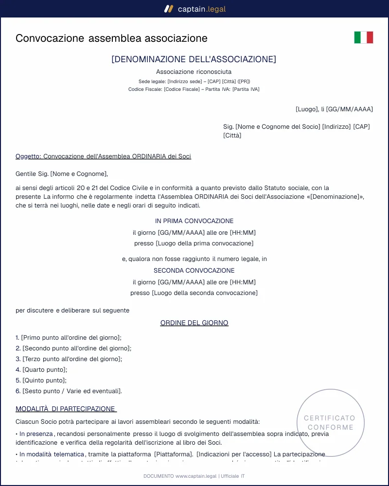 Lettera convocazione assemblea associazione e ETS