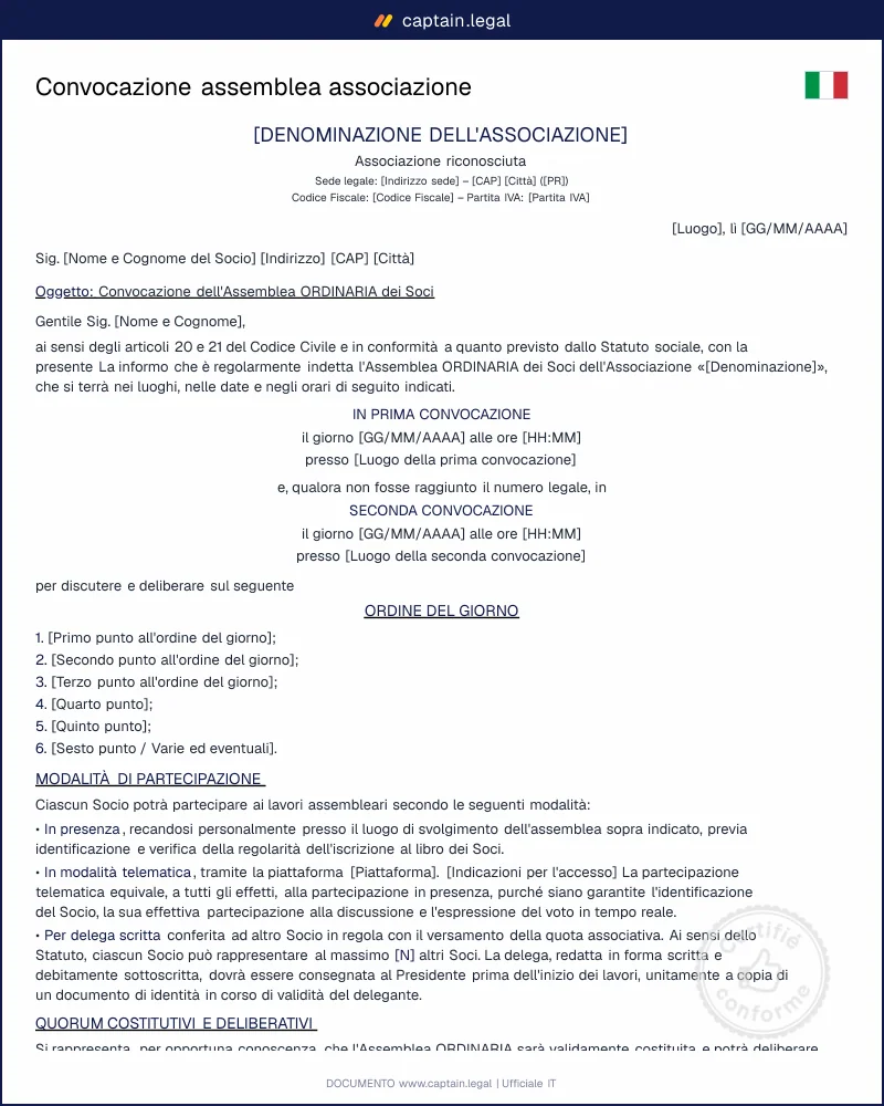 Lettera convocazione assemblea associazione e ETS