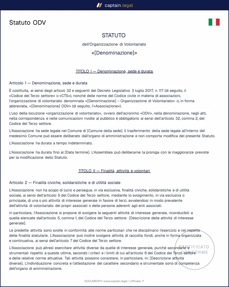 Statuto ODV in Word e PDF: modello editabile