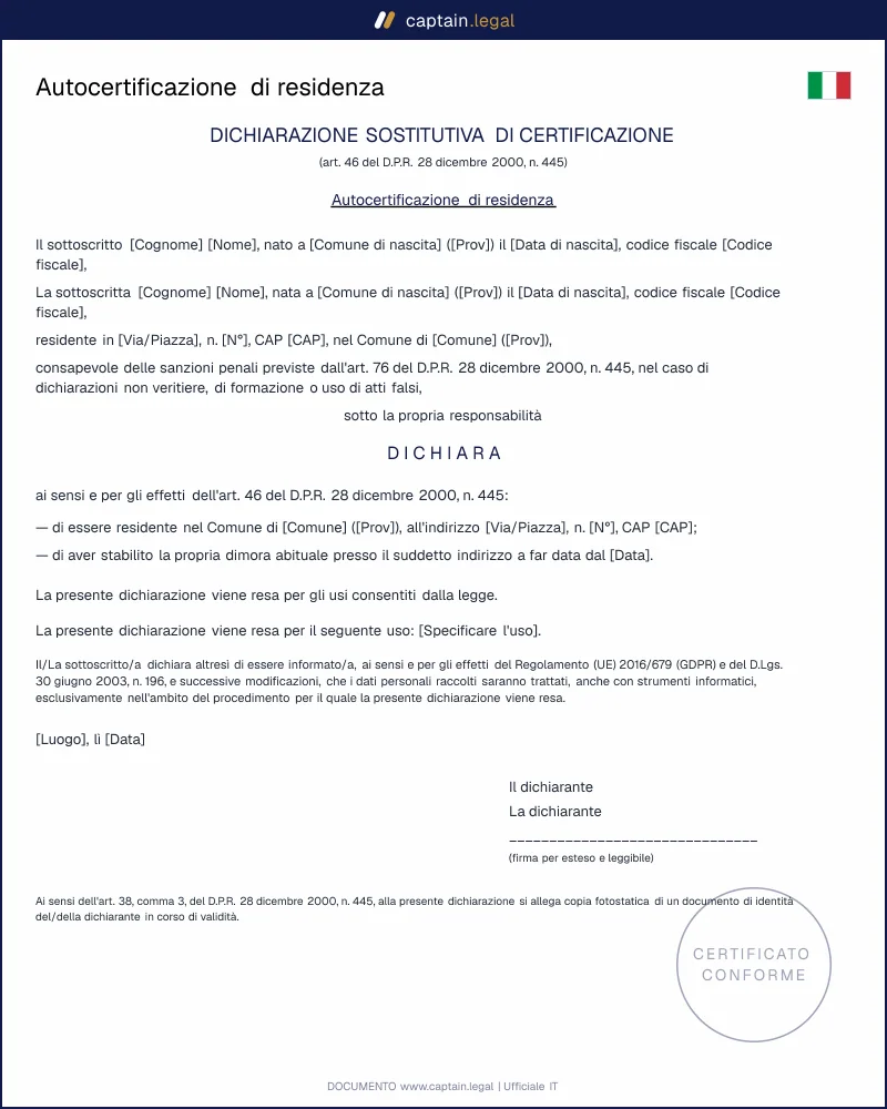 Autocertificazione di residenza DPR 445/2000