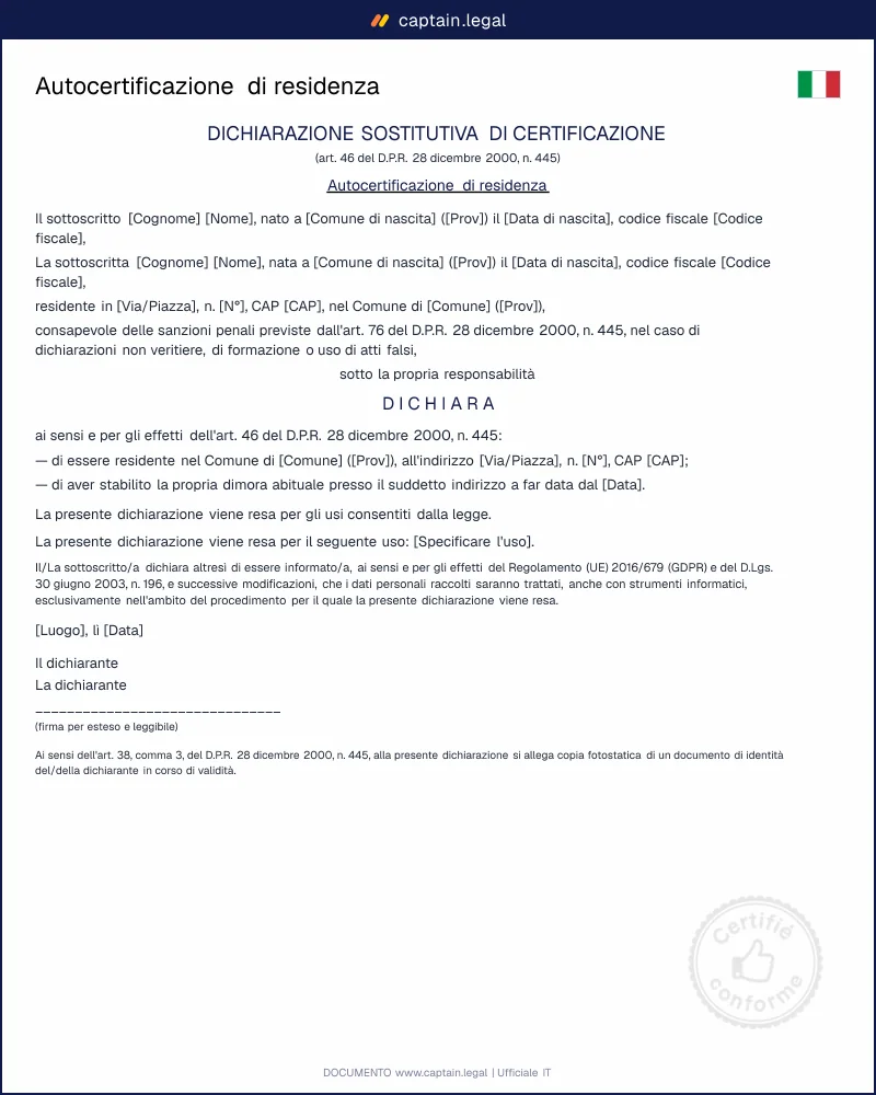 Autocertificazione di residenza DPR 445/2000