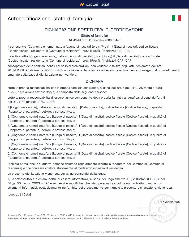 Autocertificazione stato di famiglia: modello per ISEE e PA