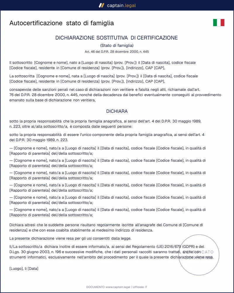 Autocertificazione stato di famiglia: modello per ISEE e PA