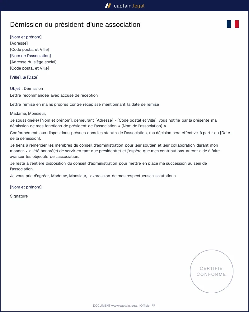 Démission du président d'une association