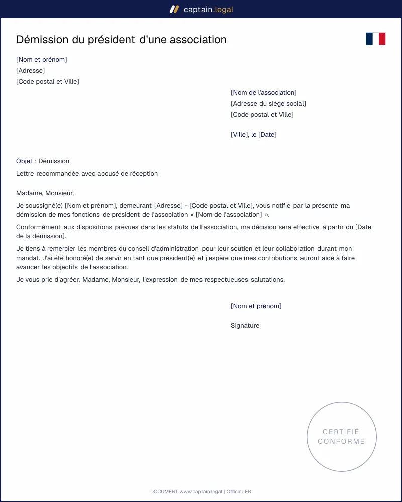 Démission du président d'une association