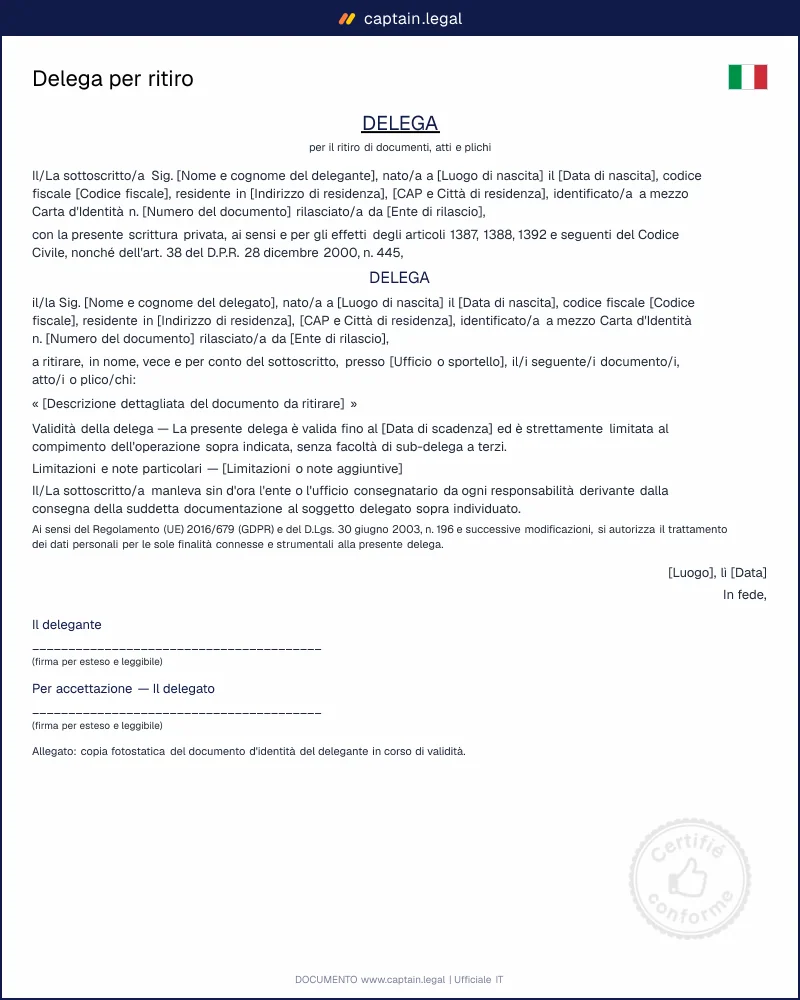 Delega per ritiro documenti: modello legale