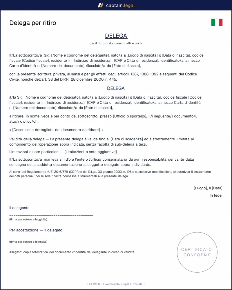Delega per ritiro documenti: modello legale