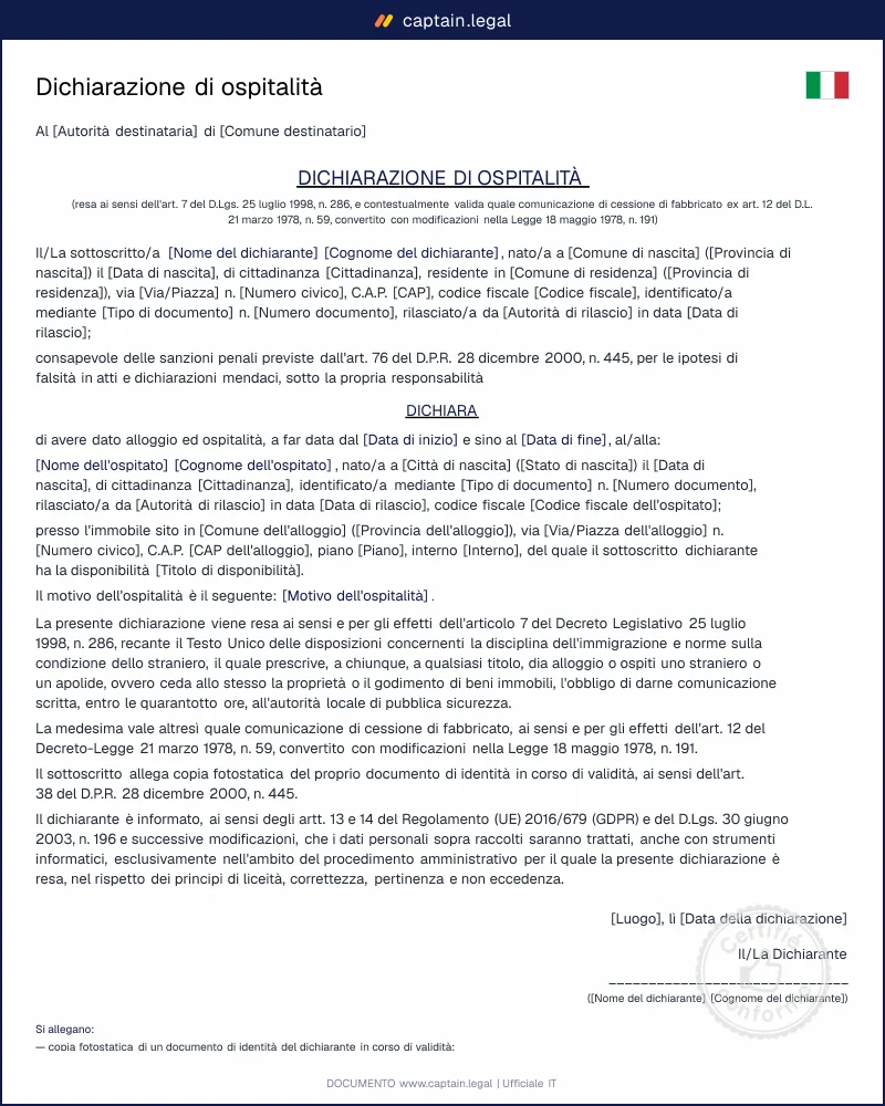 Dichiarazione di ospitalità per stranieri