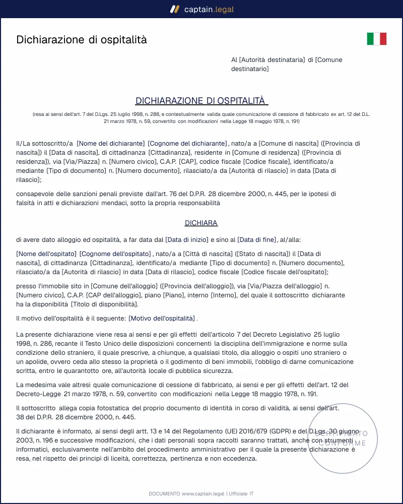 Dichiarazione di ospitalità per stranieri