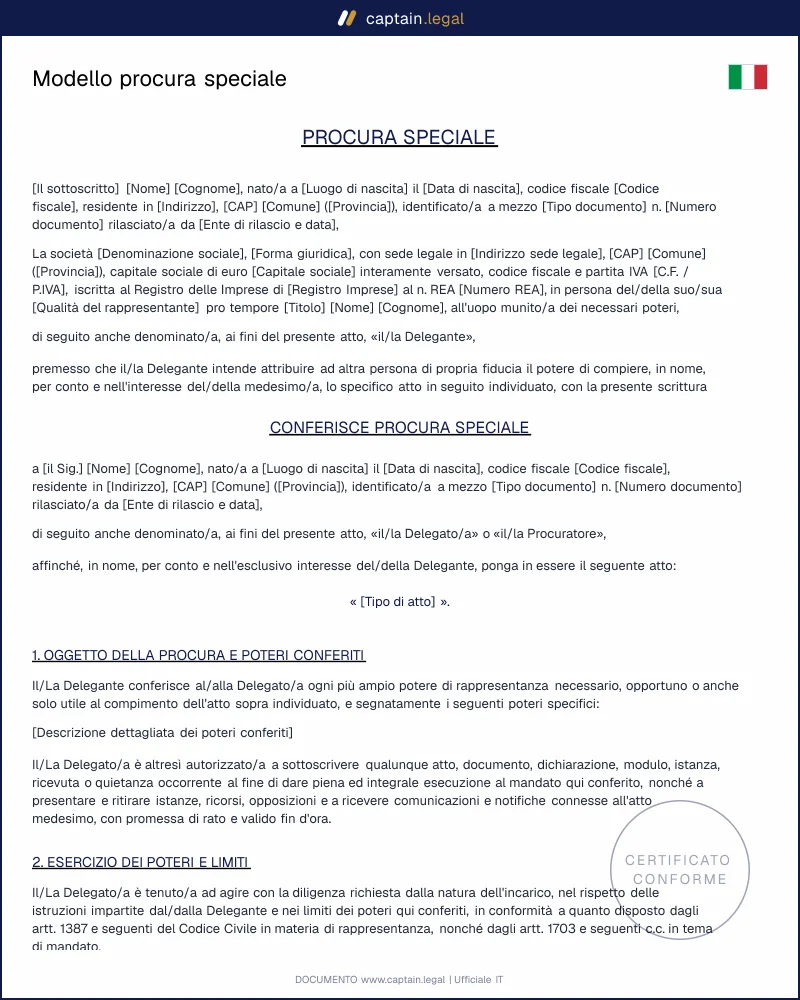 Modello procura speciale conforme al Codice civile