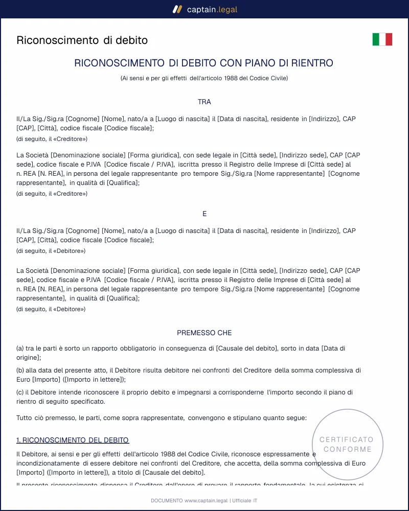 Riconoscimento di debito art. 1988 c.c.
