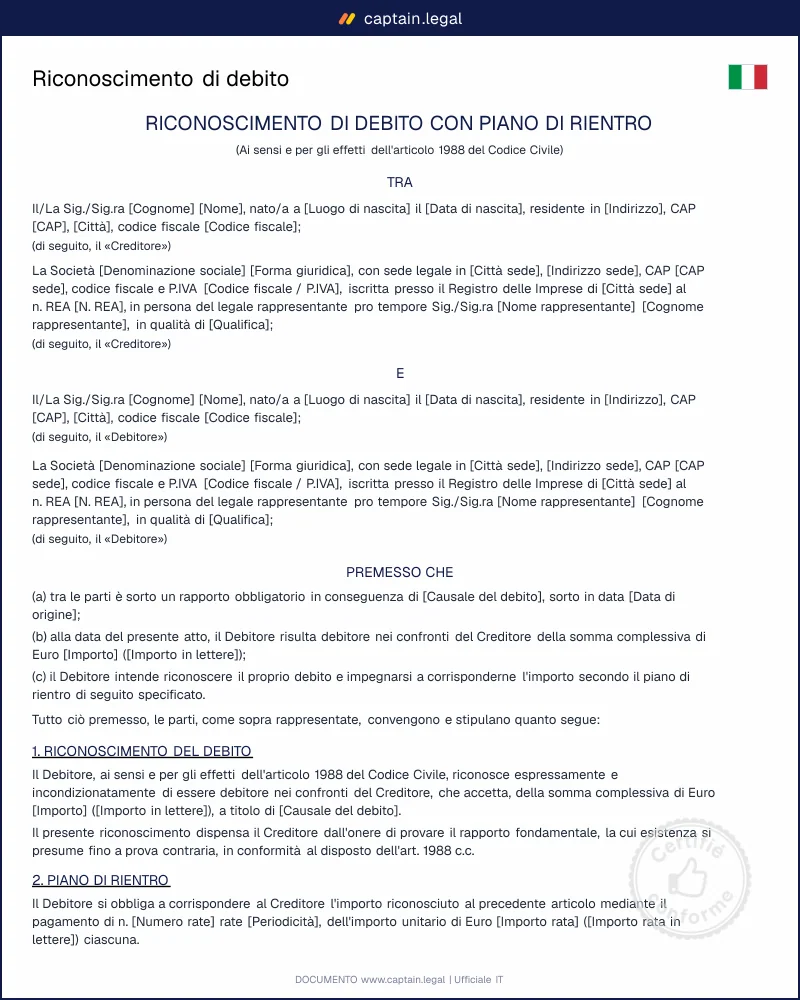 Riconoscimento di debito art. 1988 c.c.