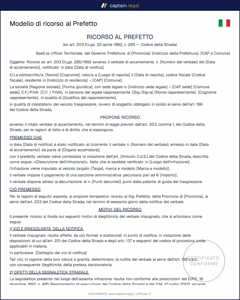 Modello ricorso al Prefetto multa stradale | Word e PDF