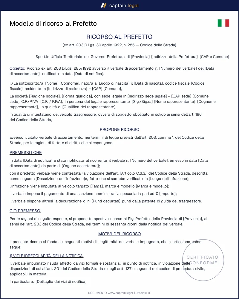 Modello ricorso al Prefetto multa stradale | Word e PDF