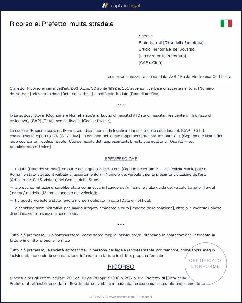 Ricorso al Prefetto multa stradale: modello pronto da firmare