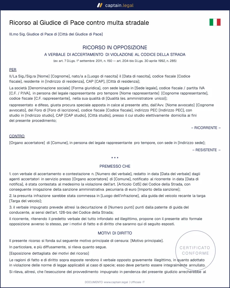 Ricorso al Giudice di Pace per multa: modello PDF e Word