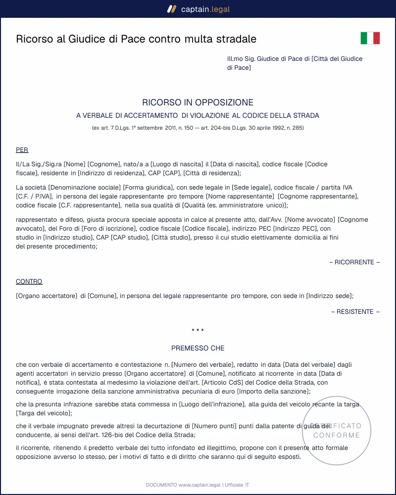 Ricorso al Giudice di Pace per multa: modello PDF e Word