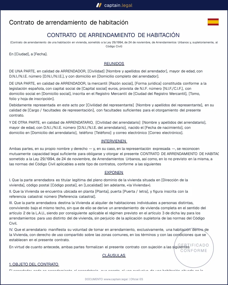 Contrato de alquiler de habitación en piso compartido | Modelo