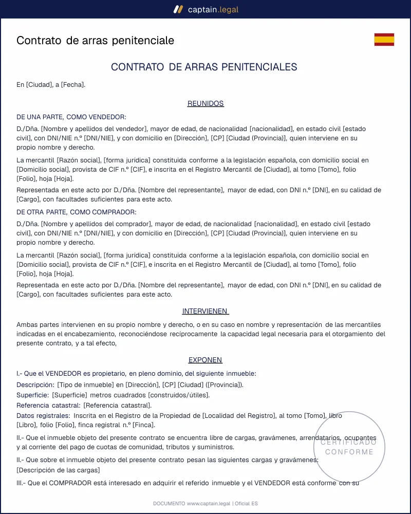 Modelo de contrato de arras penitenciales | Art. 1454 CC