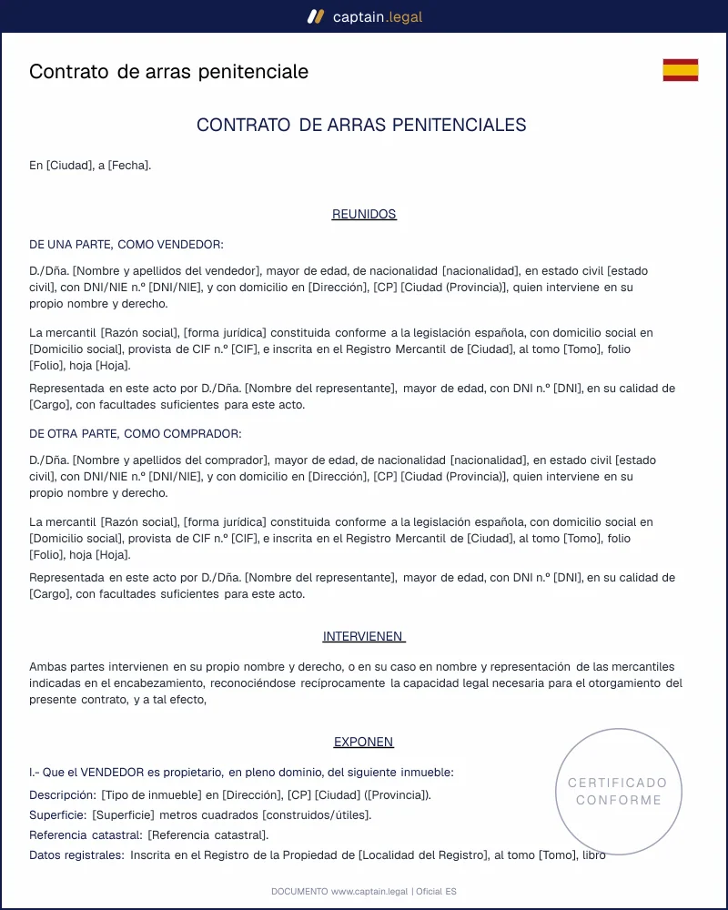 Modelo de contrato de arras penitenciales | Art. 1454 CC