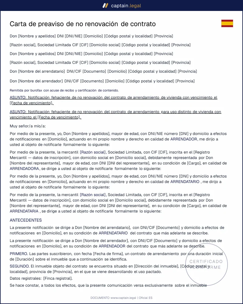 Carta de no renovación de contrato de alquiler (art. 10 LAU)