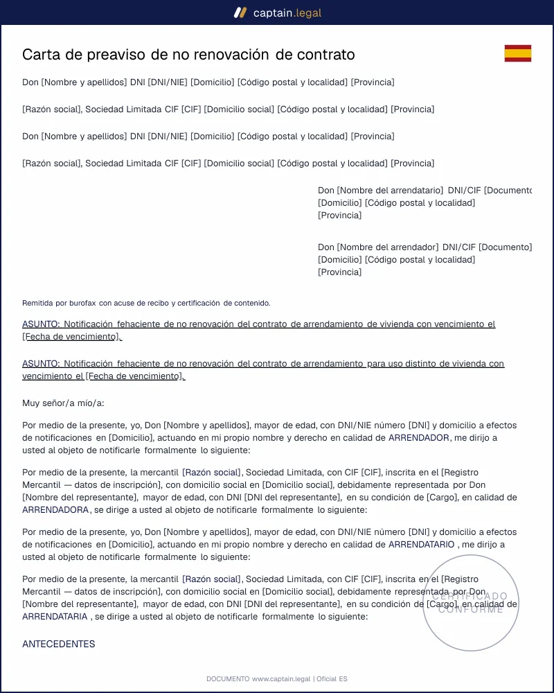 Carta de no renovación de contrato de alquiler (art. 10 LAU)
