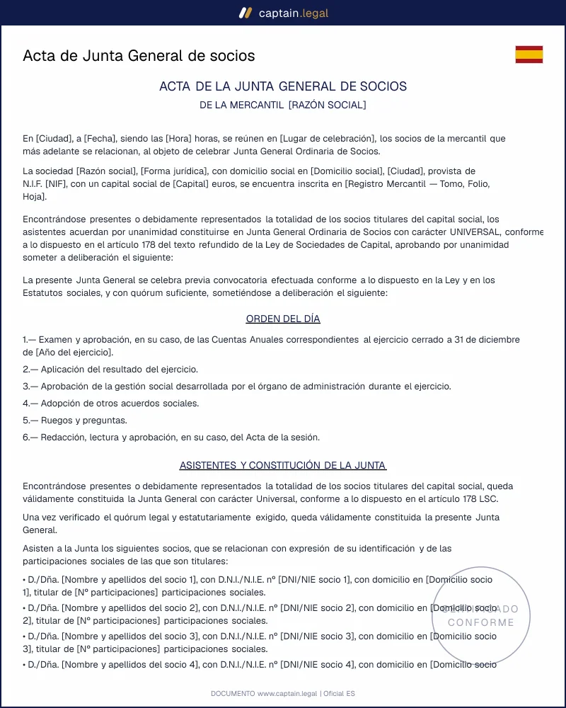 Acta de Junta General de socios: plantilla legal SL y SA